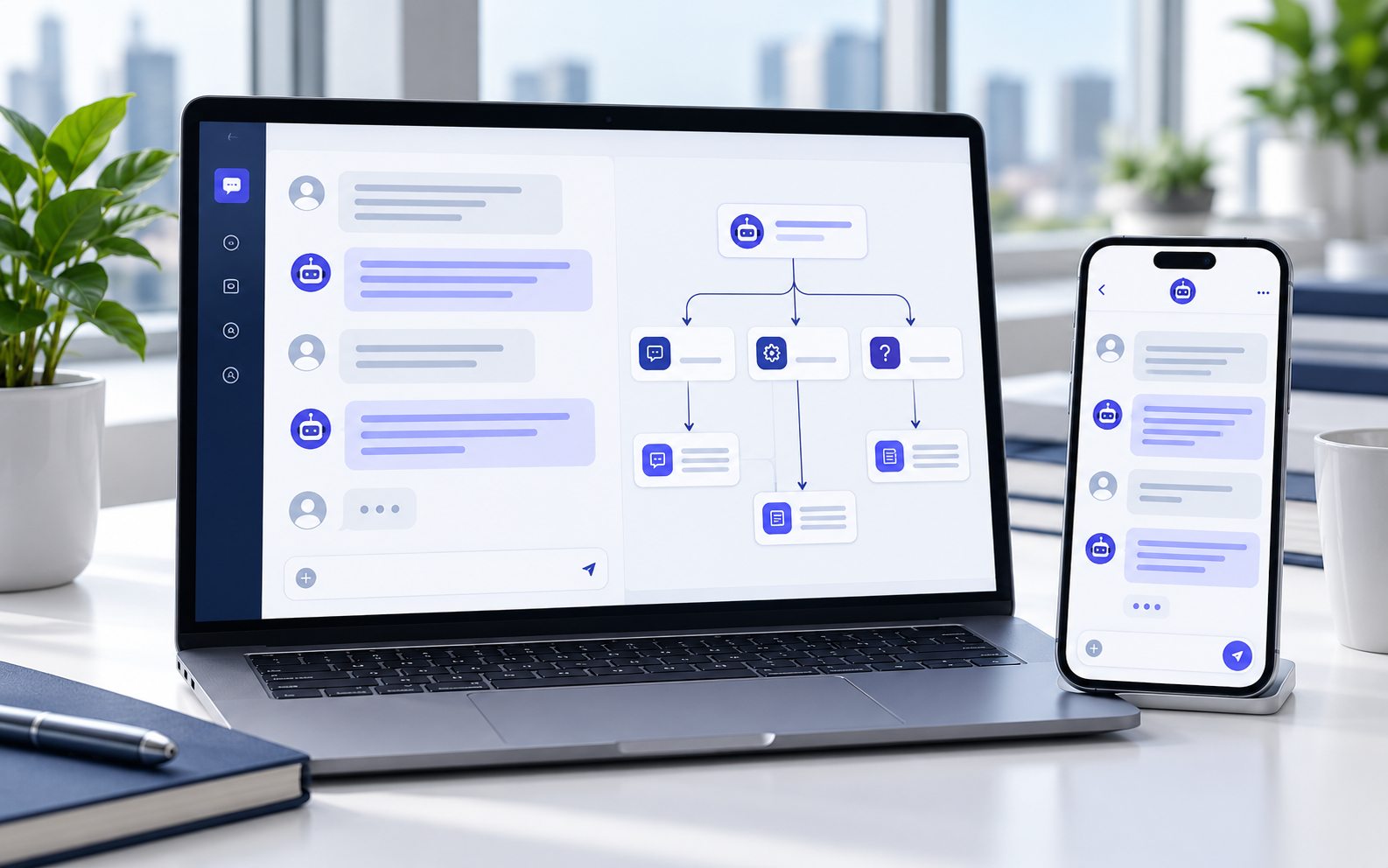 Notebook e celular com fluxo de atendimento por IA