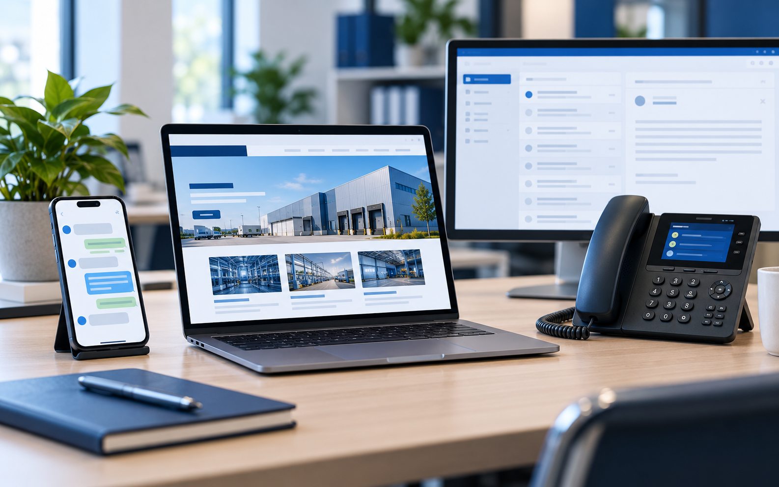 Notebook com site, celular com mensagens, e-mail e telefone empresarial