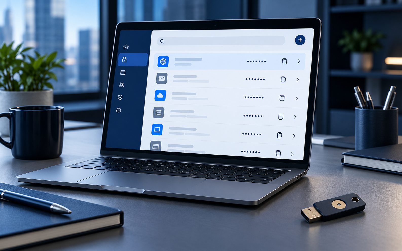Cofre de senhas em notebook com chave de segurança