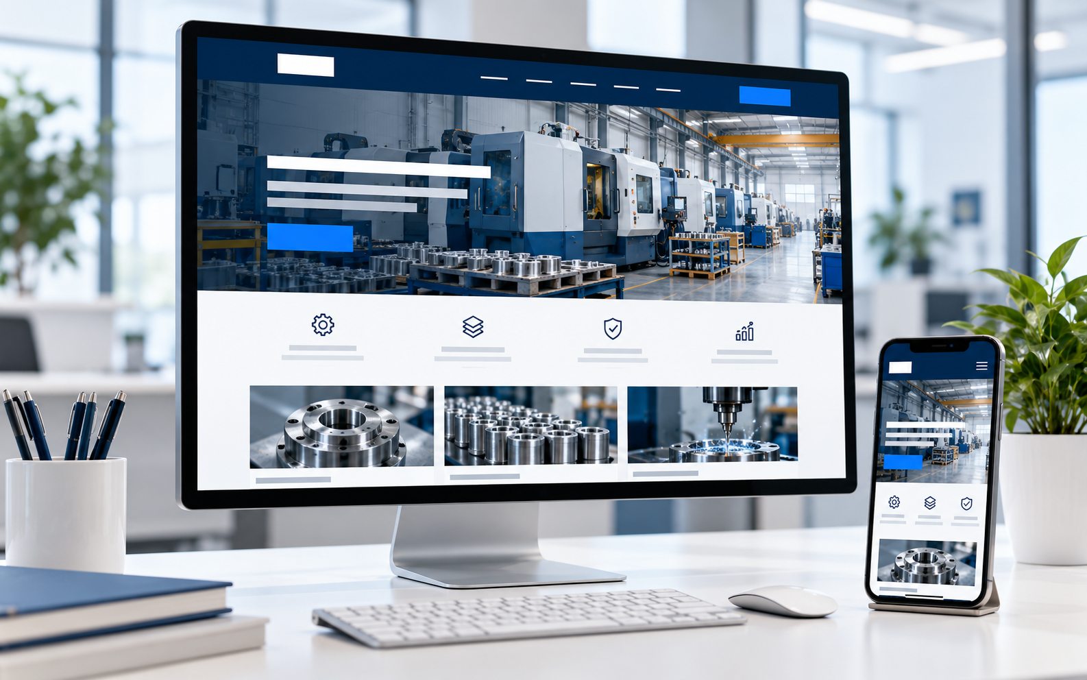 Site empresarial exibido em monitor e celular