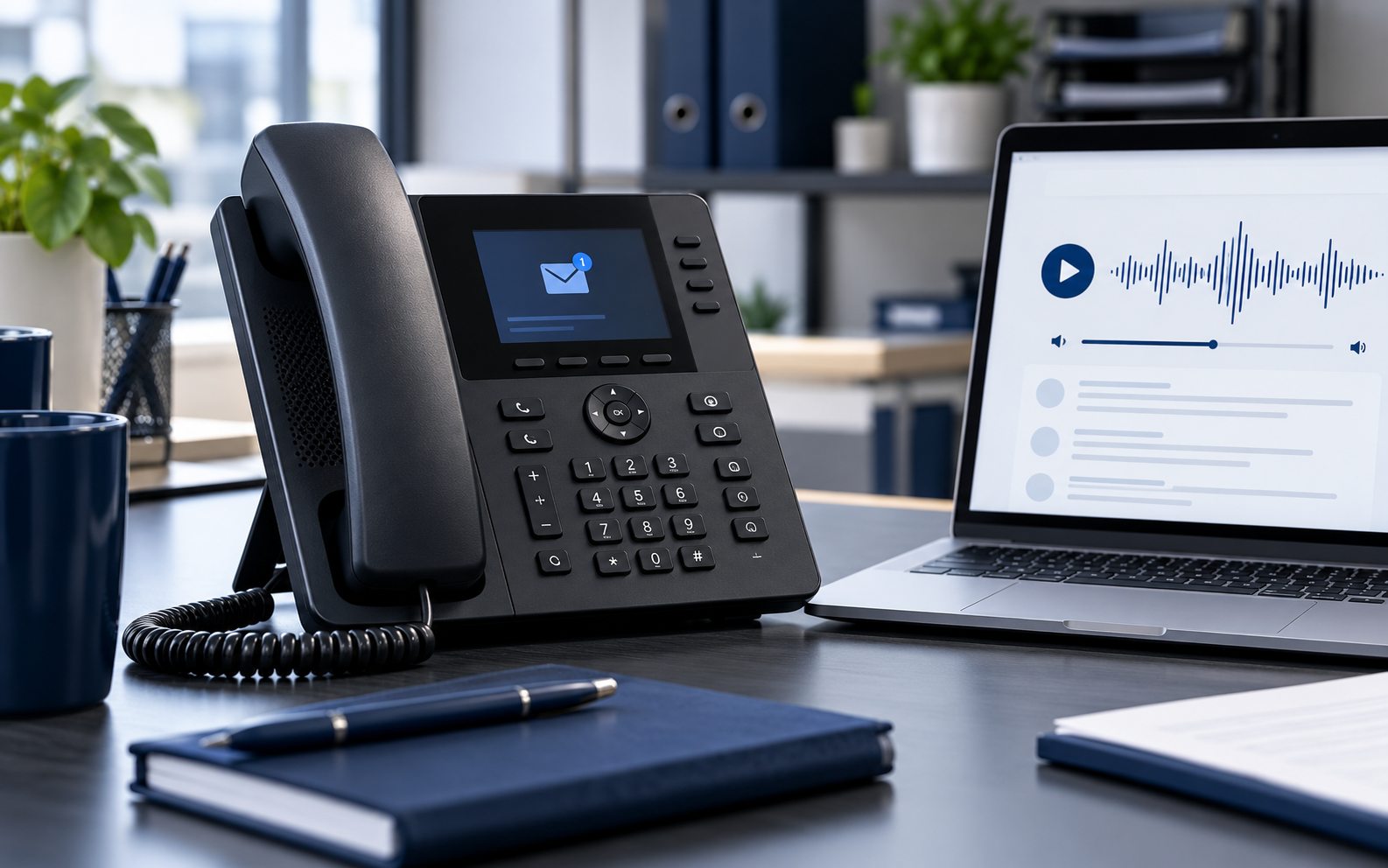 Telefone de mesa e tela de recado com áudio e transcrição
