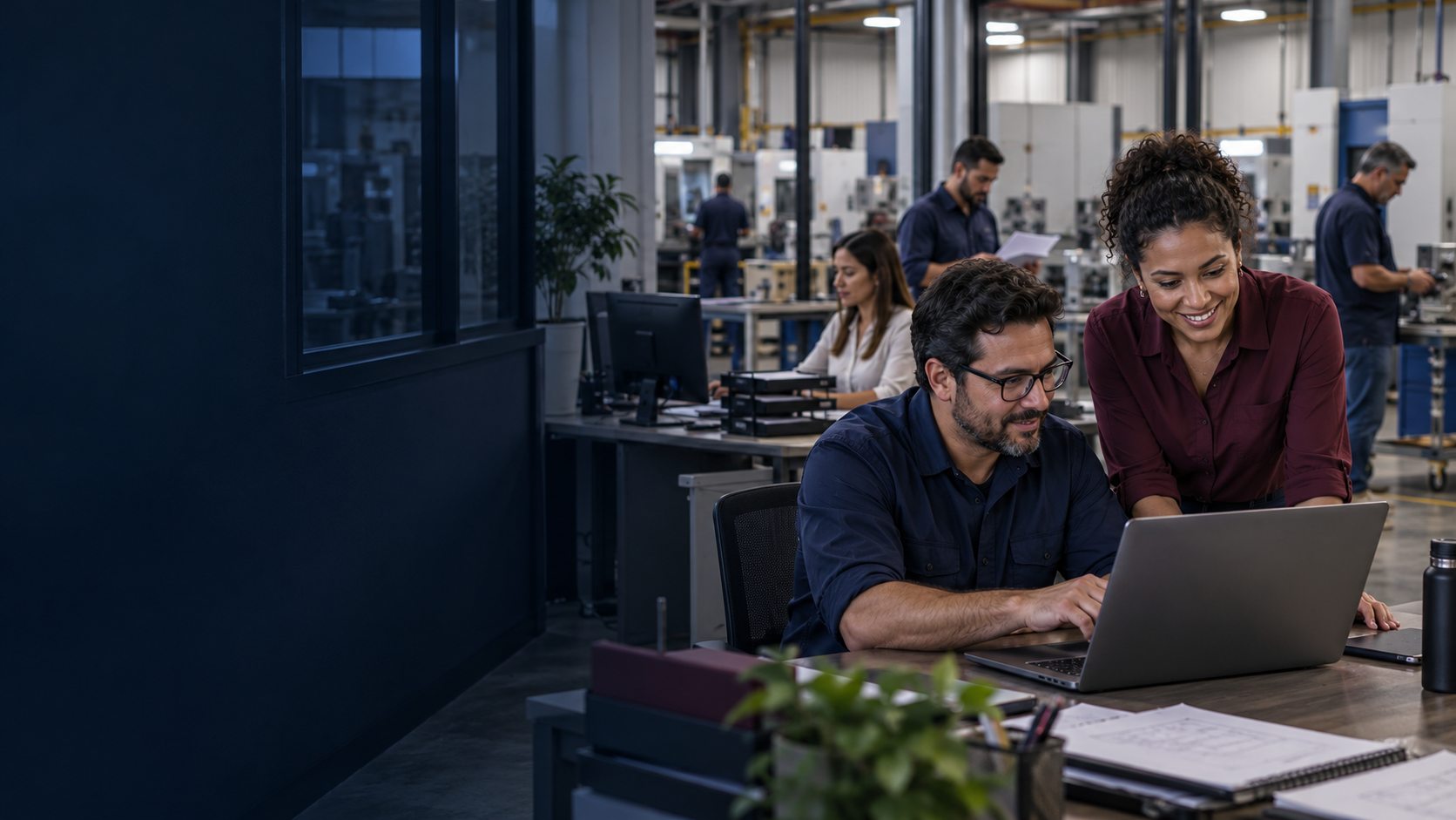 Equipe administrativa trabalhando em pequena indústria, com área de produção ao fundo